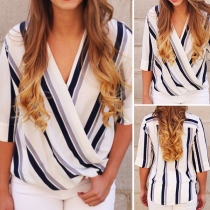 Fashion Half Sleeve V-neck Striped T-shirt