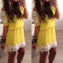 Sexy Off-shoulder Boat Neck Short Sleeve Elastic Waist Lace Spliced Dress