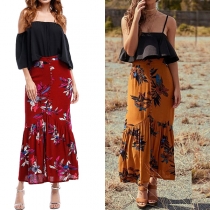 Bohemian Style High Waist Slit Hem Printed Maxi Skirt