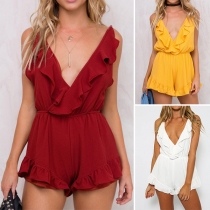 Sexy Backless Deep V-neck Solid Color Ruffle Sling Romper