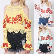 Sexy Off-shoulder Long Sleeve Lace Spliced Embroidered Top
