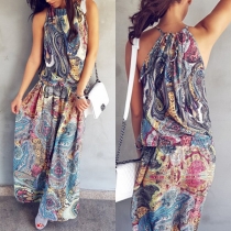 Bohemian Style Sleeveless Round Neck Elastic Waist Printed Maxi Dress