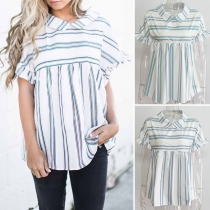 Fashion Lotus Sleeve POLO Collar Striped Blouse