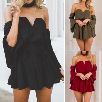 Fashion Sexy Solid Color Off-shoulder Ruffle Sleeve Gathered Waist Rompers 