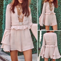 Fashion Sexy Solid Color Lace Spliced Flare Sleeve Rompers 