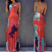 Fashion Sexy Tie-dye Printed Backless Sling Maxi Dress