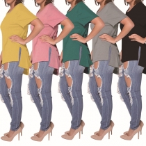 Sexy Backless Short Sleeve Round Neck High-low Hem Solid Color T-shirt