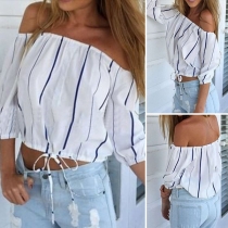 Sexy Off-shoulder Boat Neck Half Sleeve Striped Top