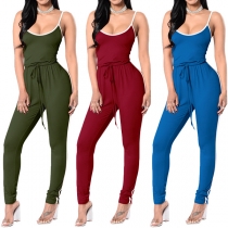 Fashion Contrast Color High Waist Slim Fit Sling Jumpsuit