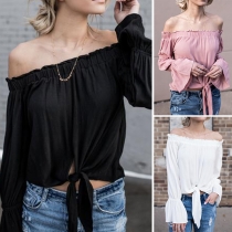 Sexy Off-shoulder Boat Neck Long Sleeve Solid Color Blouse