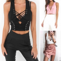 Sexy Lace-up Deep V-neck Sleeveless Solid Color Crop Top