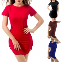 Fashion Solid Color Short Sleeve Round Neck Arc Hem Slim Fit Dress