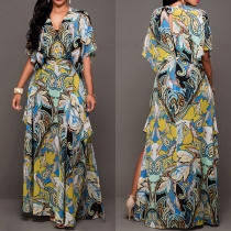 Bohemian Style Short Sleeve V-neck High Waist Slit Hem Printed Dress