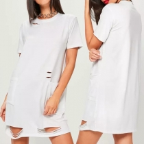 Fashion Solid Color Short Sleeve Round Neck Ripped T-shirt Dress