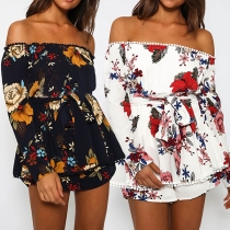Sexy Off-shoulder Boat Neck Long Sleeve Printed Romper