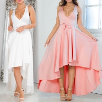 Elegant Solid Color Sleeveless Deep V-neck Irregular Hem High Waist Party Dress