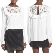 Fashion Solid Color Long Sleeve Round Neck Lace Spliced Blouse