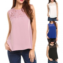 Fashion Solid Color Sleeveless Round Neck Lace Spliced Chiffon Top