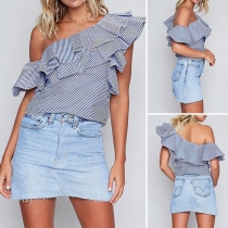 Sexy One-shoulder Ruffle Striped Top