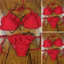 Sexy Solid Color Ruffle Lace-up Halter Bikini Set
