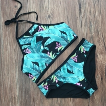 Sexy Backless Printed Lace-up Halter Bikini Set