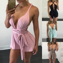 Sexy Backless Deep V-neck High Waist Solid Color Changeable Romper