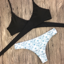 Sexy Crossover Halter Bikini Top + Low-waist Printed Bikini Bottom Two-piece Set