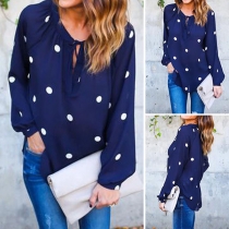 Fashion Long Sleeve Round Neck Dots Printed Chiffon Blouse
