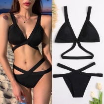 Sexy Solid Color Hollow Out High Waist Crossover Bikini Set