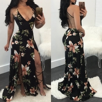 Sexy Backless Deep V-neck Slit Hem High Waist Printed Party Dress
