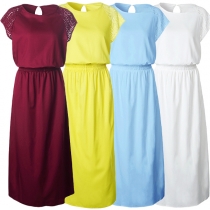 Elegant Solid Color Lace Spliced Cap Sleeve Round Neck Elastic Waist Maxi Dress
