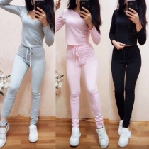 Fashion Solid Color Long Sleeve Round Neck T-shirt + High Waist Pants Sports Suit