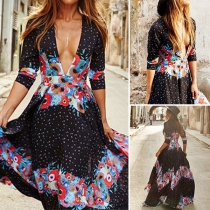 Retro Style Deep V-neck High Waist Printed Maxi Dress