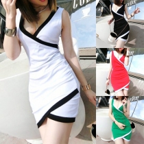 Sexy Contrast Color Deep V-neck Irregular Hem Sleeveless Slim Fit Dress