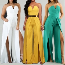 Sexy Strapless V-neck High Waist Slit Hem Solid Color Jumpsuit