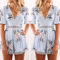 Fresh Style Short Sleeve V-neck Printed Romper