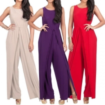 Elegant Solid Color Sleeveless Round Neck High Waist Slit Hem Jumpsuit