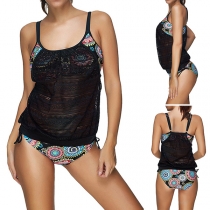 Sexy Backless Lace Spliced Printed Bikini Set