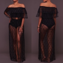 Sexy Off-shoulder Boat Neck Slit Hem See-through Gauze Smock