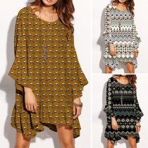 Bohemian Style Trumpet Sleeve Round Neck Irregular Ruffle Hem Printed Dress