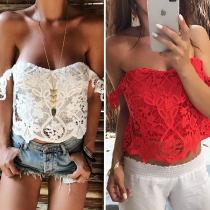 Sexy Off-shoulder Boat Neck Solid Color Lace Top