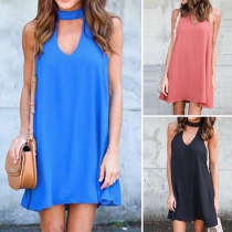 Fashion Solid Color Sleeveless Choker V-neck Chiffon Dress