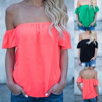 Sexy Off-shoulder Boat Neck Solid Color Chiffon Top