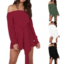 Sexy Off-shoulder Boat Neck Lace-up High Waist Long Sleeve Solid Color Romper