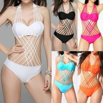 Sexy Solid Color Backless Multi-strap Halter One-piece Swimsuit
