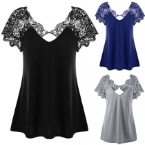 Sexy Hollow Out Lace Spliced Short Sleeve V-neck Solid Color T-shirt