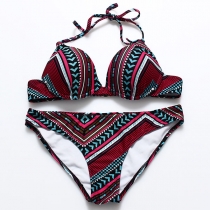 Sexy Geometric Printing Push-up Halter Bikini Set