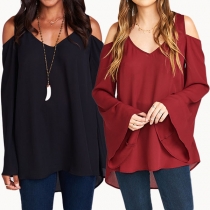 Sexy Off-shoulder Trumpet Sleeve V-neck High-low Hem Solid Color Chiffon Blouse