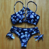 Sexy Hollow out Lace-up Printed Bikini Set