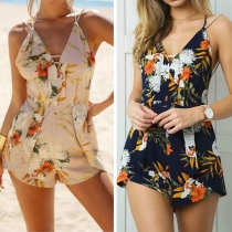 Sexy Backless Deep V-neck Printed Cami Romper